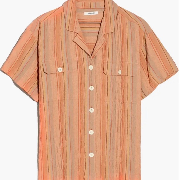 NWT Madewell Stripe Stretch Cotton & Linen Camp Shirt Ground Clay - Picture 2 of 5